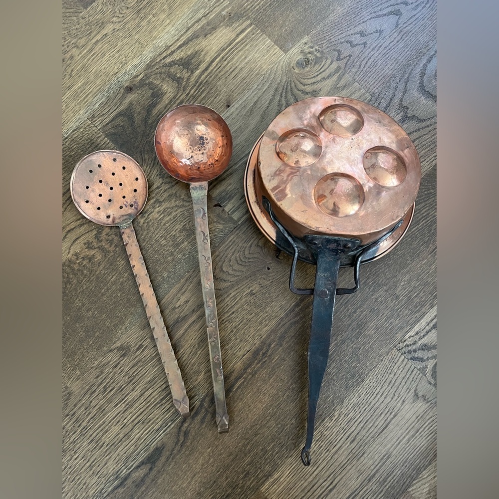 Antique copper cookware pan spoons